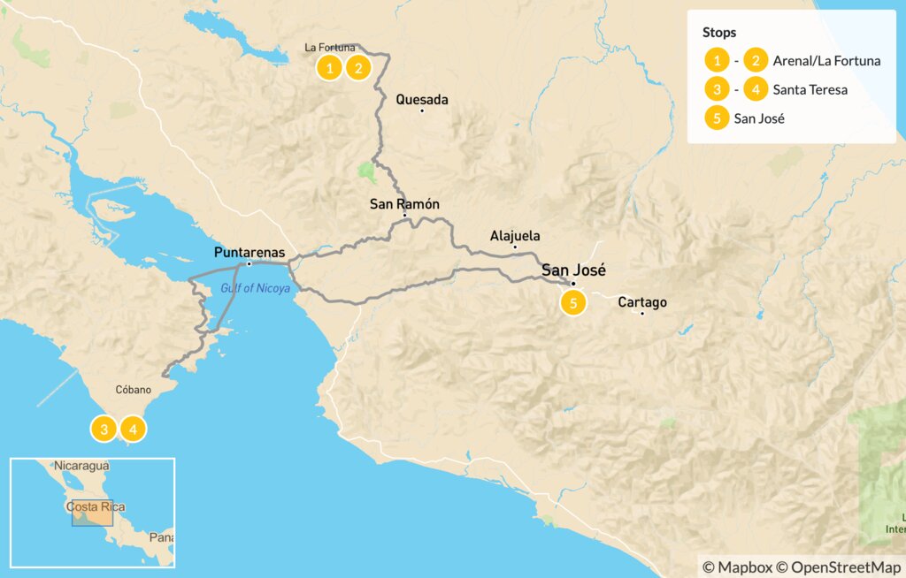Map of Family Costa Rica Getaway: Arenal & Santa Teresa - 6 Days Map of Family Costa Rica Getaway: Arenal & Santa Teresa - 6 Days