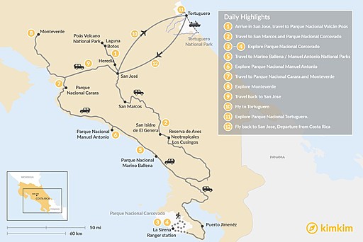 Costa Rica map: Costa Rica Wildlife Explorer – 12 Days