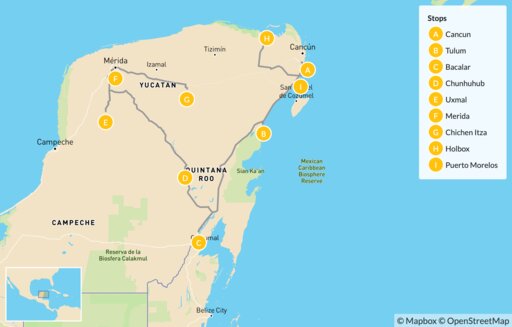 Mexico map: Nature & Maya Culture in the Yucatán - 13 Days