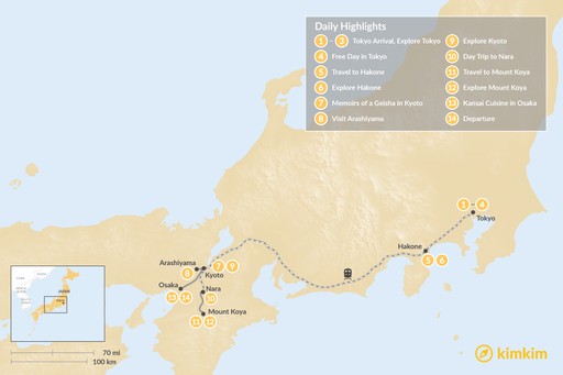 Japan map: Highlights of Japan: Cities, Mountains & Temples - 14 Days
