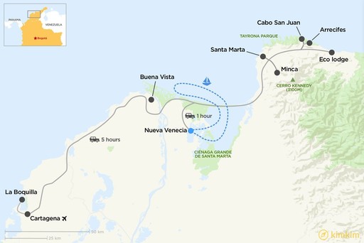 Colombia map: Cartagena, Tayrona Park, Arrecife and Cabo San Juan - 9 days