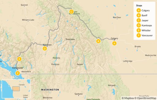 Map Western Canada Rockies to Pacific Road Trip - 9 Days