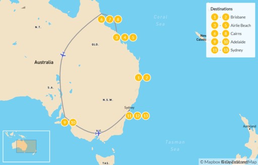 Australia map: The East Coast Aussie Adventure: Brisbane, Airlie Beach, Cairns, Adelaide, & Sydney - 14 Days