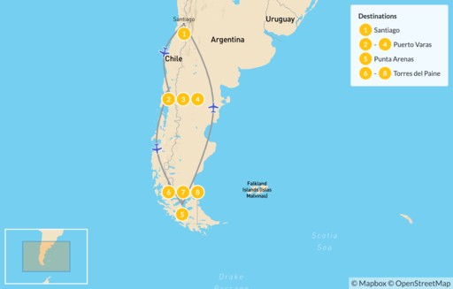 Patagonia map: Lake District & Patagonia - 9 Days