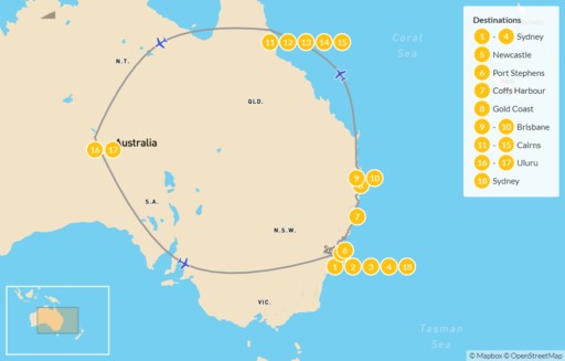 Australia map: Ultimate Australia: Sydney to Cairns & Uluru - 18 Days - 19 Days