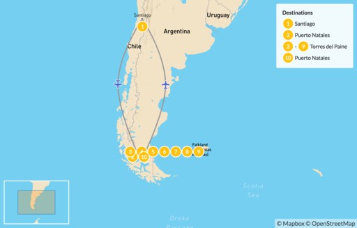 Patagonia map: Torres del Paine "O" Circuit Adventure - 11 Days