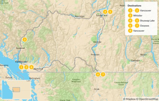 British Columbia map: Coast Mountains & Okanagan: Vancouver, Whistler, Shuswap Lake & Osoyoos - 9 Days