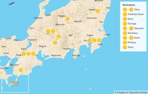 Japan map: Shoguns and Samurai: Tokyo, Kiso Valley, Mount Koya & Kyoto - 14 days