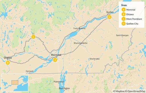 Map Montreal, Ottawa,Mont-Tremblant, Quebec - 11 Days