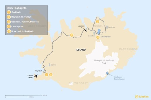 Iceland map: 5-Day Tour of the North: Akureyri, Lake Myvatn, Waterfalls, and Geothermal Hotspots