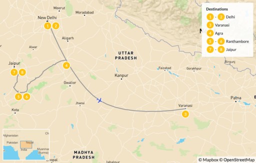 India map: Highlights of North India: Golden Triangle, Taj Mahal, Varanasi, & More - 10 Days