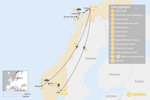 Norway map: Summer Road Trip: Midnight Sun in Norways Arctic - 14 Days