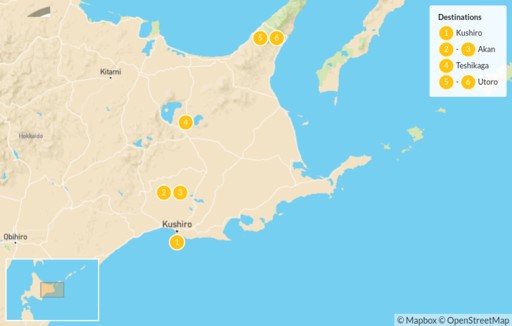 Japan map: Hokkaido in Winter: Lake Akan to Shiretoko - 7 days