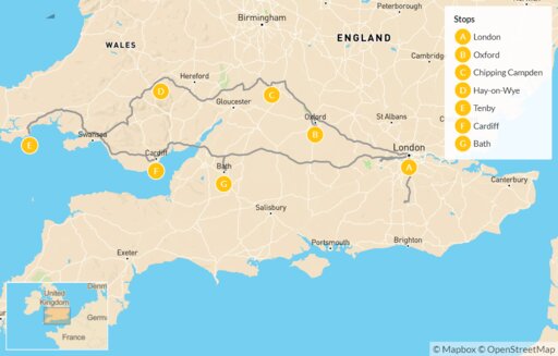 Map Relaxed Southern England Road Trip: London to Bath via the Cotswolds & Welsh Borders- 13 Days