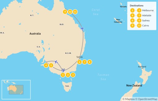 Australia map: The Real Aussie Experience: Cities, Beaches and Wildlife - 12 Days