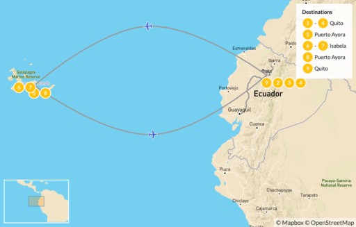 Ecuador map: Best of Ecuador: Quito, Mindo Cloud Forest, & the Galapagos Islands - 10 Days