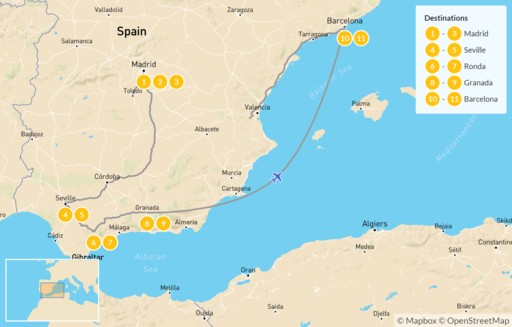Spain map: Spanish Immersion: Madrid, Córdoba, Seville, Granada & Barcelona - 12 Days