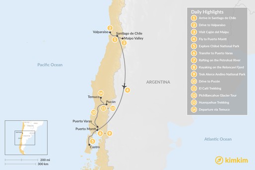 Map Exploring Santiago & Chile's Lake District - 14 Days