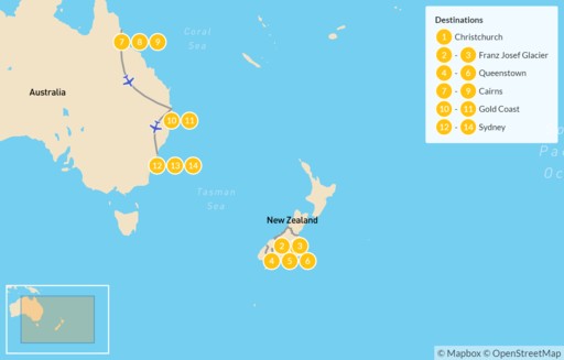 New Zealand map: Best of New Zealand & Australia: Queenstown, Cairns, Sydney & More - 15 Days