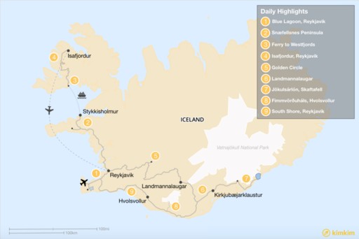 Iceland map: Western and Southern Iceland - 9 Days