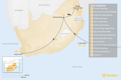 South Africa map: Classic South Africa and Mauritius: Cape Town, Johannesburg, Kruger Safari, & More - 15 Days