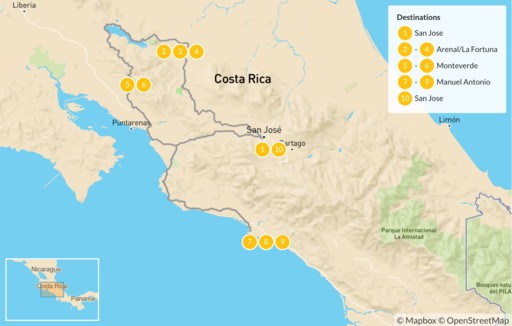 Costa Rica map: Costa Rica Self-Drive Adventure - 11 Days