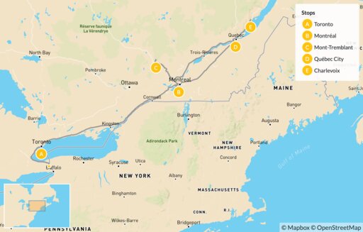 Map Self-Drive Eastern Canada Highlights: Toronto, Niagara Falls, Montréal, Mont-Tremblant, Québec City & Charlevoix - 13 Days