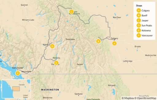 Map Western Canada Panorama Road Trip: Calgary to Vancouver - 9 Days