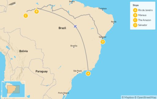 Brazil map: Adventure Brazil: Rio de Janeiro, Manaus, the Amazon & Salvador - 10 Days