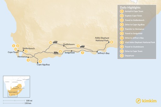 South Africa map: Cape Town & Garden Route Adventure - 11 Days