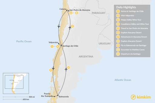 Chile map: Santiago, Atacama Desert & Marble Caves Adventure - 11 Days