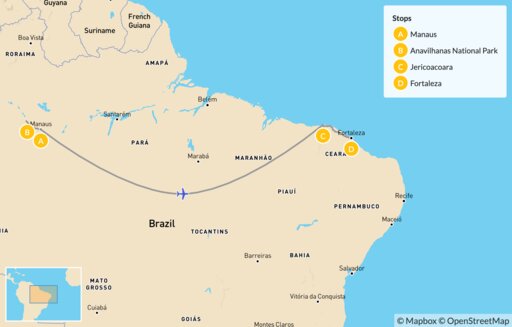Brazil map: Brazil Nature & Beaches: Manaus, the Amazon, Jericoacoara & Fortaleza - 14 Days