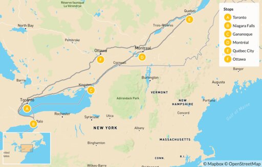 Map Road Trip Across Ontario & Québec: Toronto, Niagara Falls, Gananoque, Montréal, Québec City & Ottawa