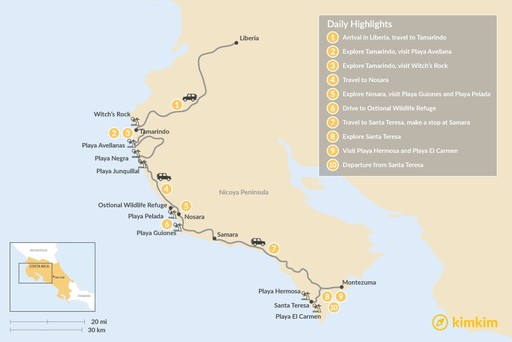 Costa Rica map: Nicoya Peninsula Surf & Yoga Adventure - 10 Days