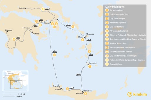Greece map: Historic Athens, Mainland Greece, Cyclades and Crete - 14 Days