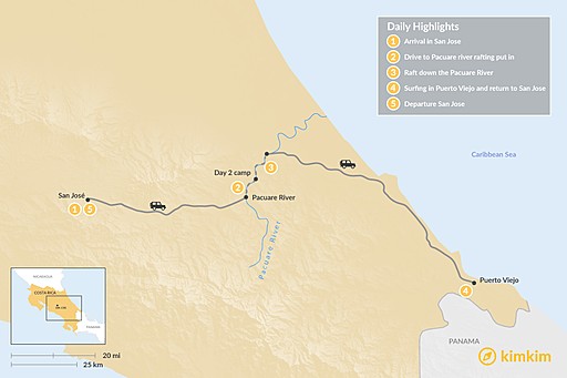 Costa Rica map: Costa Rica Adventure: Whitewater Rafting and Surfing - 5 Days
