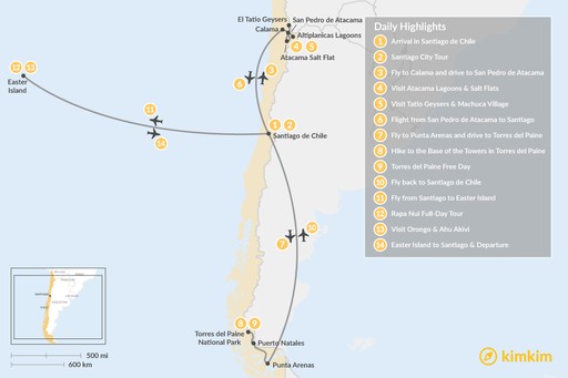Chile map: Chile Highlights Adventure - 14 Days