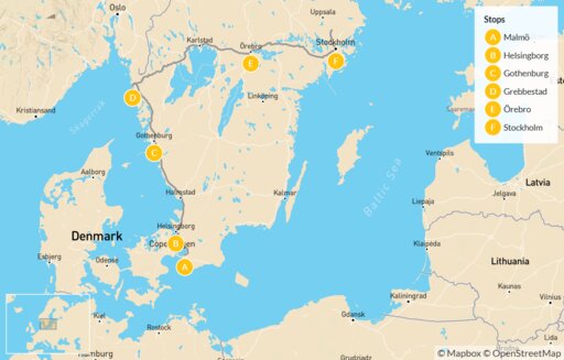 Map Southern Sweden Family Road Trip: Malmo to Stockholm via the West Coast - 10 Days