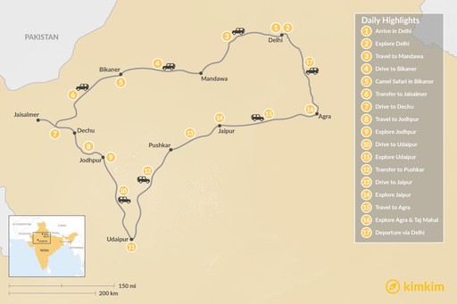 India map: Essence of Rajasthan: Delhi, Jaipur, Udaipur, Agra, & More - 17 Days