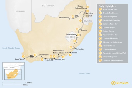 South Africa map: Country of Contrasts Road Trip: Cape Town, Garden Route, Wild Coast, Kruger National Park, & More - 15 Days