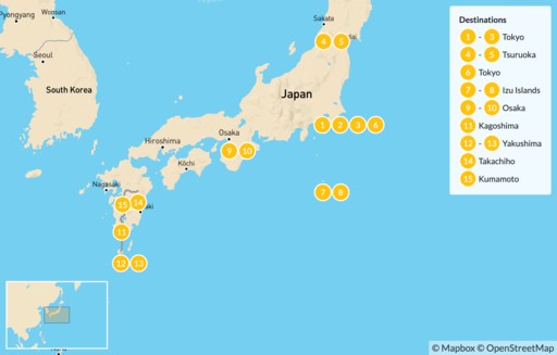 Japan map: Uncharted Japan: Tokyo, Tsuruoka, Izu Islands, Osaka, Kagoshima, Yakushima, Takachiho, Kumamoto - 16 Days