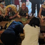 Stone of the Unction. There is a slab of smooth stone in the center of the church upon which it is believed Jesus’ body was anointed with spices and oils (thought to have been a costly mixture of myrrh and sandalwood) in preparation for burial.   Visitors kneel to touch and rub the stone, which we did, and you can then smell aromatic spices on your hand. Some visitors rub scarves or pieces of jewelry on the stone to bring home as remembrances.  - Church of the Holy Sepulchre, Jerusalem, Israel | Photo taken by Rich W