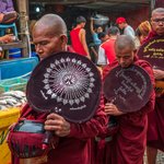 The Monks collecting alms in the fish market. | Photo taken by Tack S