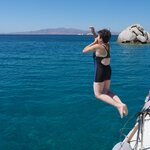 Sailing Day of Naxos; Ruth Taking the Plunge Near Mykri Vigla Beach | Photo taken by Tom B