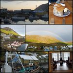 Siglufjordur blessed with a rainbow at sunrise after a superb dinner that included bread served with a lava stone and the Northern Lights | Photo taken by Judith M