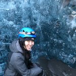 Blue ice! The ice becomes dense after squeezing air bubbles out so the ice absorbs wavelengths from red to green. Because blue is not absorbed, the ice appears blue! | Photo taken by John P