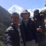 Louis, prakash, and krishna (guide and porter) in front of manaslu from the village of loh | Photo taken by Louis f