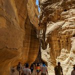 The Siq, which is on the main road that leads to the city, starts from the well into the park entrance and ends at the Treasury.  It is a rock canal that measures 160 meters (525 feet) in length, 3 to 12 meters (10-15 feet) in width and reaches up to 80 meters (262 feet) in height. The main part of the Siq is created by natural rock formation and the rest was carved by the Nabataeans, an early tribe of Arabians.  Petra, Jordan | Photo taken by Rich W