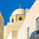 Imerovigli church dome against clear blue sky of Imerovigli | Photo taken by David B