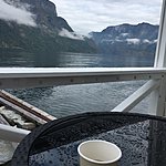 Morning coffee on our cabin patio | Photo taken by Katie D